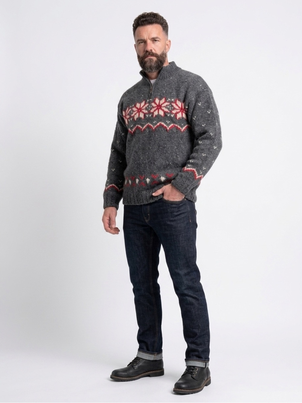 MAT vintage Charcoal Fair Isle Half-Zip ski Sweater with Red and Cream Accents